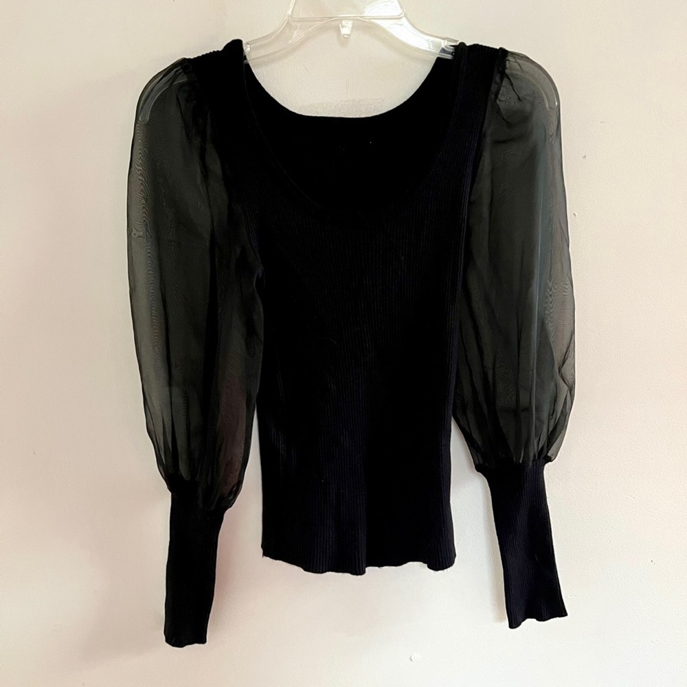 Black Sweater Top with Organza Long Sleeves
